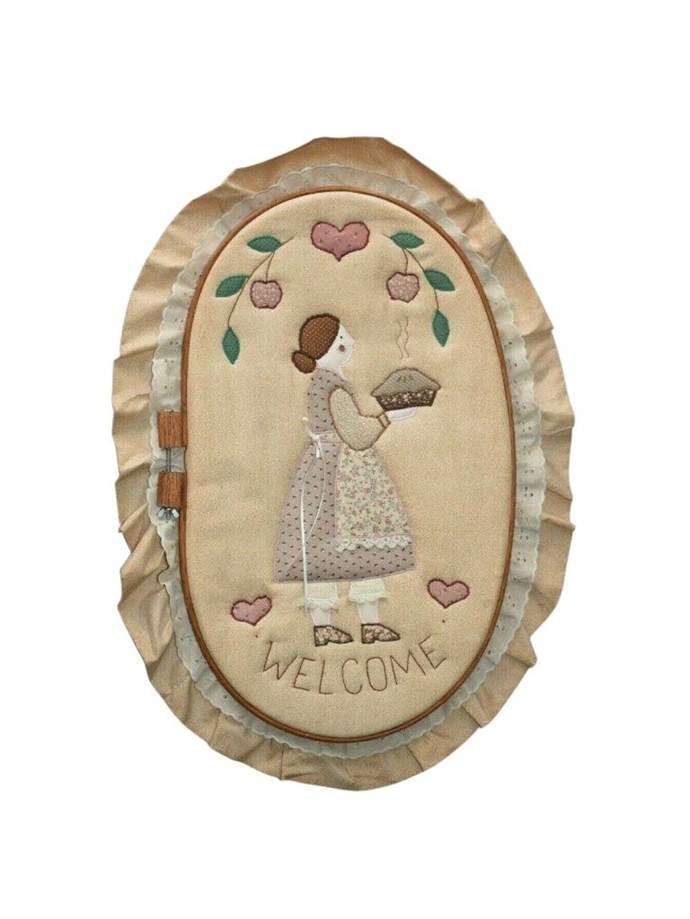Vtg Quilted Welcome Wall Hanging Primitive Farmhouse Handmade Hoop Decor 1970s